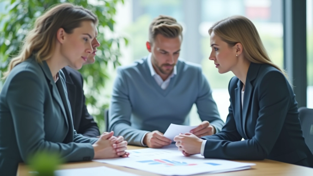 Business professionals reviewing strategic documents and charts at a wooden desk with natural light coming through the window