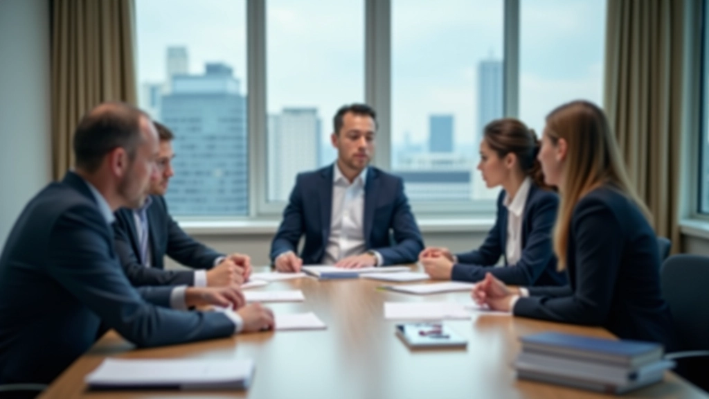 Business professionals engaged in discussion at a conference table with notes and materials