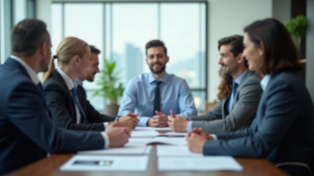 Business team implementing and reviewing decision frameworks in meeting room