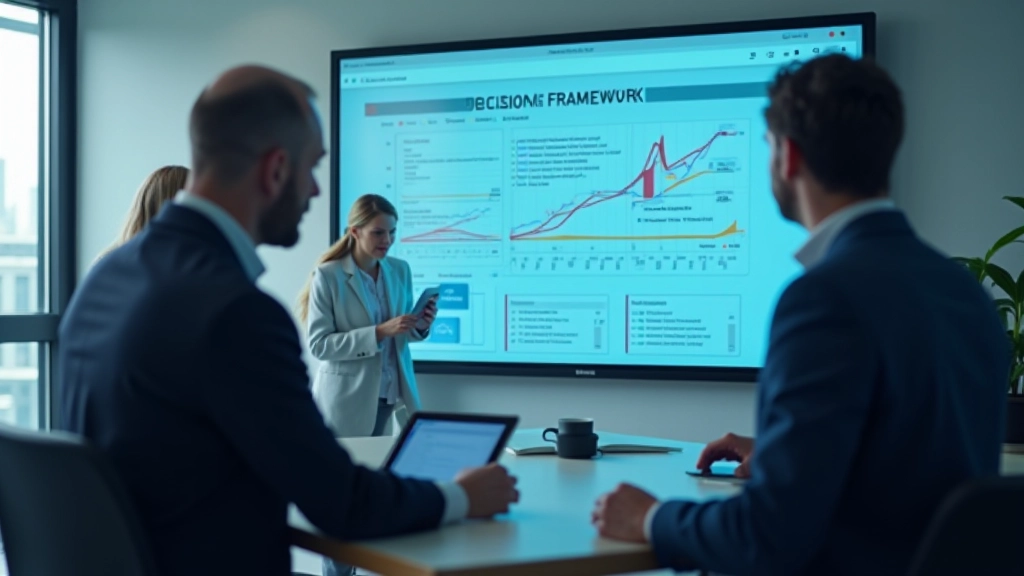 Leadership team implementing and reviewing a decision framework on a digital dashboard in a modern office