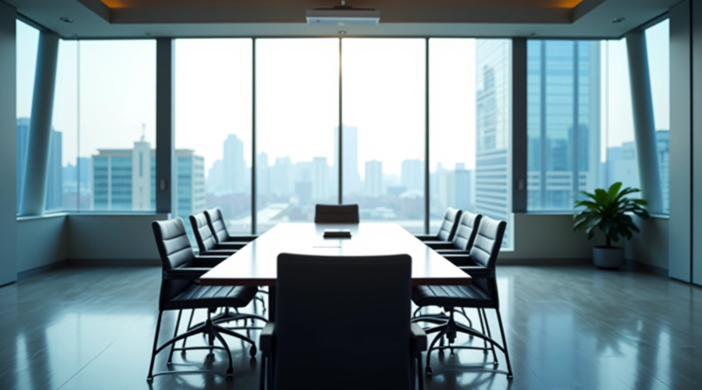 Professional team in modern conference room discussing strategy and alignment
