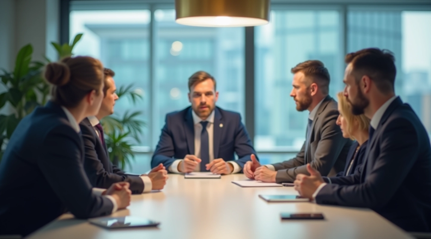 Team meeting with stakeholders discussing alignment and agreement around a modern conference table