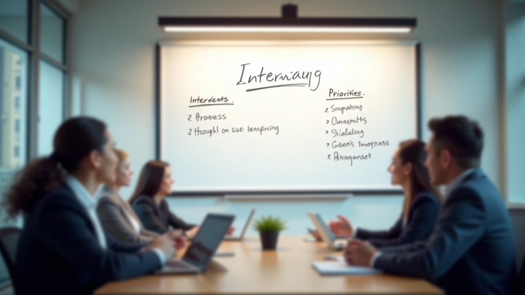 Whiteboard with mapped interests and priority rankings written by stakeholders, showing clear organizational structure